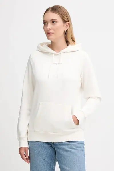 Mikina Tommy Jeans dámská, béžová barva, s kapucí, s potiskem, DW0DW21963