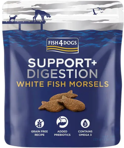 FISH4DOGS Pamlsky pre psy na podporu trávania s kúskami bielej ryby 225g