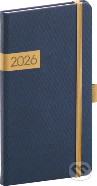 NOTIQUE Vreckový diár Twill 2026 (modro-zlatý) (horizontálny, s pútkom na pero, elastické zatváranie)
