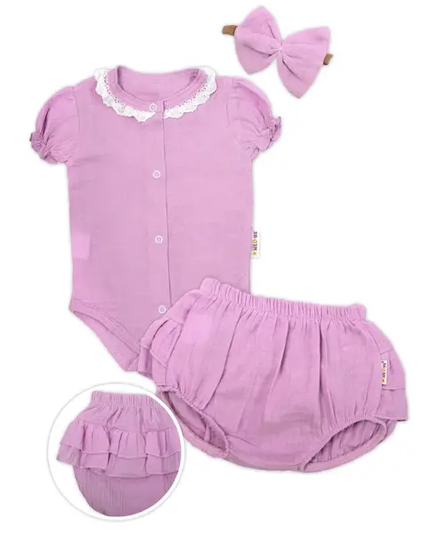 3-dielna mušelínová súpravička, body, kraťasky+čelenka GIRL, lila