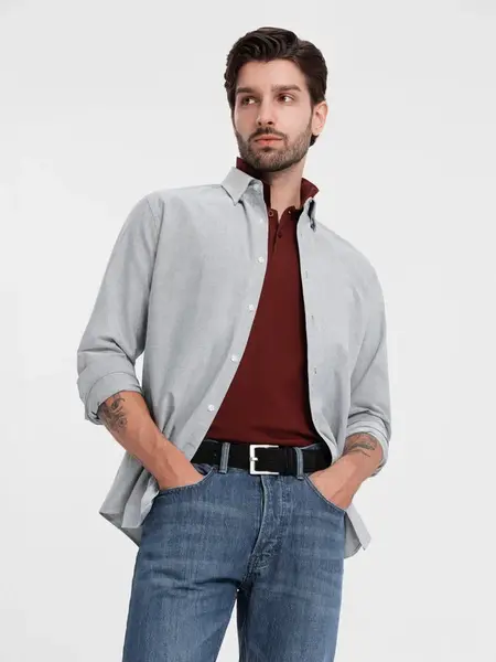 Ombre Elegant men's oxford shirt with embroidery - light grey