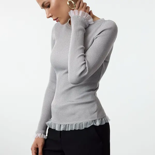 Trendyol Gray Tulle Detailed Thin Knit Sweater