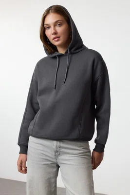 Trendyol Anthracite Oversize Thick Fleece Lined Hooded Knitted Sweatshirt
