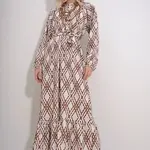 Trend Alaçatı Stili Women&#039;s Brown Crew Neck Waist Belted Skirt Flounced Patterned Dress