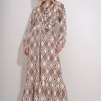 Trend Alaçatı Stili Women&#039;s Brown Crew Neck Waist Belted Skirt Flounced Patterned Dress