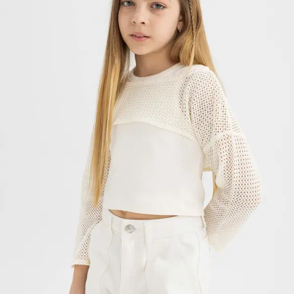 DEFACTO Girl&#39;s Relax Fit Crew Neck Ribbed Long Sleeve T-Shirt
