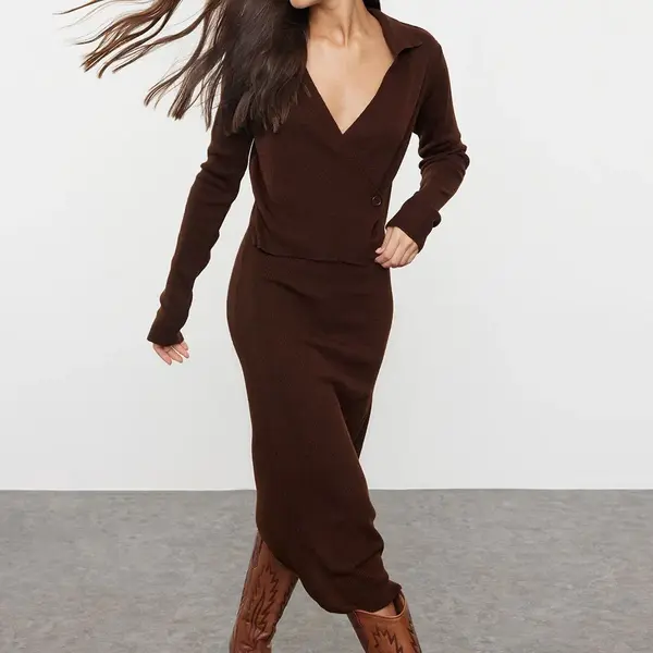 Trendyol Brown Midi Knitwear Straight Double Breasted Dress