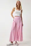 Happiness İstanbul Women's Pink Gingham Flounce Summer Poplin Skirt