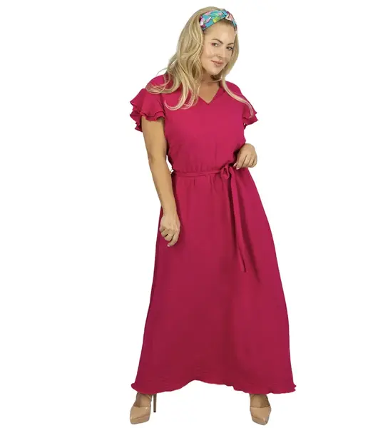Pri Long dress tied at the waist with short sleeves with frill CELINA