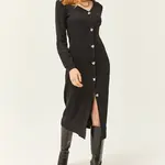 Olalook Women's Black V-Neck Buttoned Thick Ribbed Midi Dress