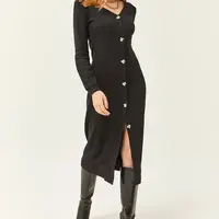 Olalook Women's Black V-Neck Buttoned Thick Ribbed Midi Dress