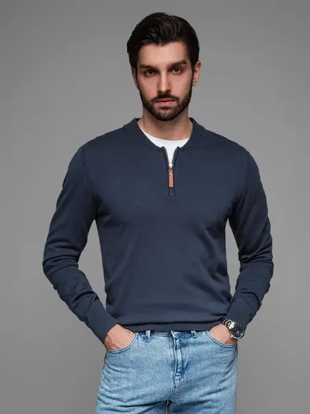Ombre Men's sweater with viscose and spread neckline - navy blue