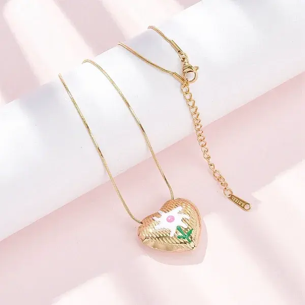 304 Stainless Steel Enamel Heart with Flower Pendant Necklaces for Women