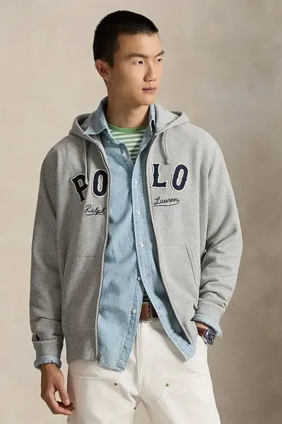 Mikina Polo Ralph Lauren pánská, šedá barva, s kapucí, s aplikací, 710P04874