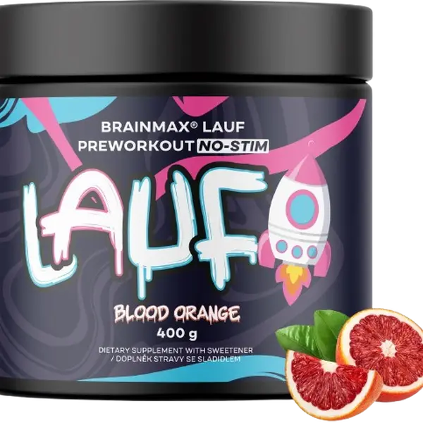BRAINMAX LAUF Preworkout, bez kofeinu, červený pomeranč 400 g