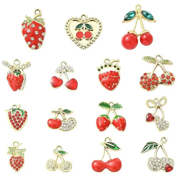 28Pcs 14 Styles Zinc Alloy Rhinestone Fruit Pendants