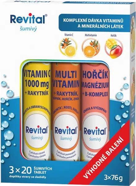 REVITAL Vitamin C + multivitamin + hořčík 3 x 20 šumivých tablet