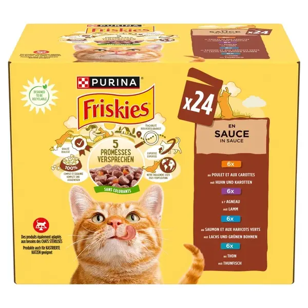 Friskies výběr vlhkého krmiva v omáčce - s kuřecím, jehněčím, lososem a tuňákem 4 x (24 x 85 g)