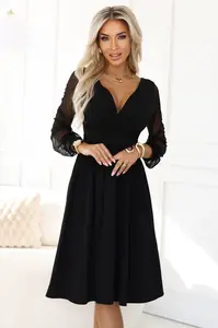 Elegantní černé midi šaty s tulle rukávy