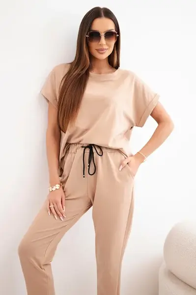 Kesi bavlněný komplet: halenka + kalhoty camel