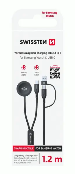 MAGNETICKÝ KABEL SWISSTEN 2v1 PRO SAMSUNG GALAXY WATCH A USB-C, USB-C (USB-A), 1.2 M, ČERNÁ