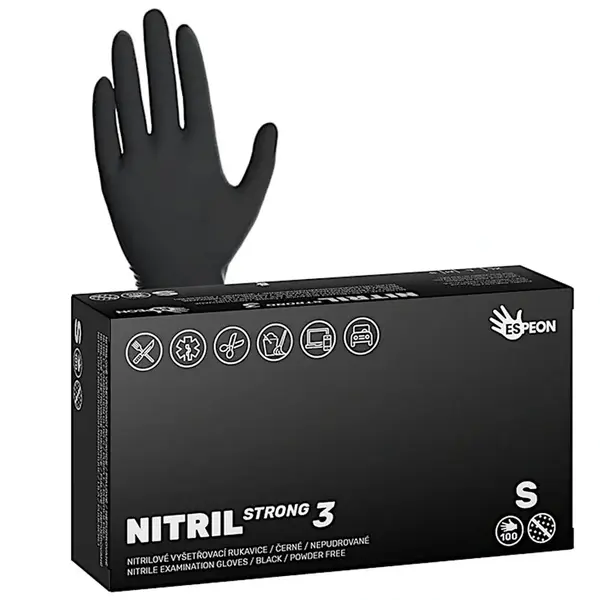 Silné nitrilové rukavice se zdrsněným povrchem Espeon Nitril Strong 3 - 100 ks, černé, velikost S (100103) + dárek zdarma