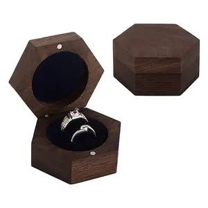 Hexagon Shaped Wooden Couple Ring Boxes with Magnetic Hinged Lid