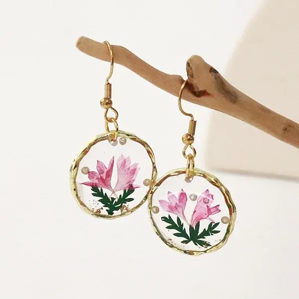 Alloy Epoxy Dried Flower Dangle Earrings