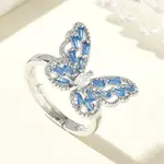 Adjustable Brass Butterfly Finger Rings with Light Blue Cubic Zirconia