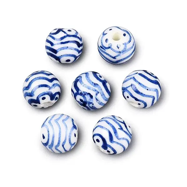 Hand Painted Blue and White Striped Round Porcelain Beads