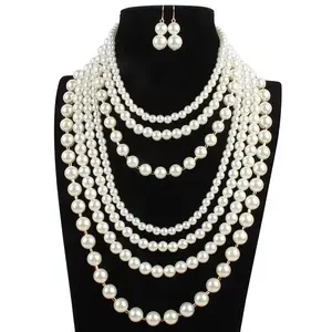 Plastic Pearl Round Beaded Multilayer Necklaces & Dangle Earrings Sets