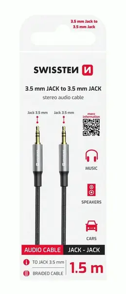 AUDIO KABEL SWISSTEN TEXTILE JACK / JACK, 1,5 M, ČERNÁ
