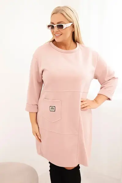 Kesi Włoski Dámska sukňa Plus Size maslo s vreckom a rukávom 3/4 pudrová ružová