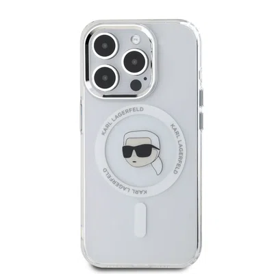 Zadní kryt Karl Lagerfeld IML Karl Head Metal Frame MagSafe pro Apple iPhone 15 Pro Max, transparentní