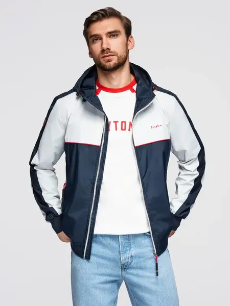 Ombre Men's contrast windbreaker jacket with hood - navy blue and white
