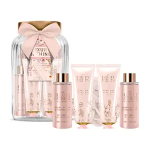 Grace Cole Dárková sada péče o tělo ve skleněné dóze Pivoňka, Broskev & Malina 5 ks