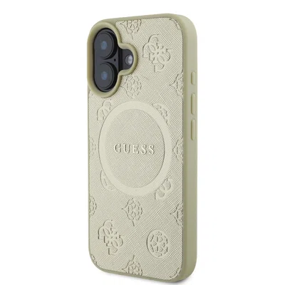 Zadní kryt Guess Saffiano Peony Stamp MagSafe pro Apple iPhone 16, zlatá