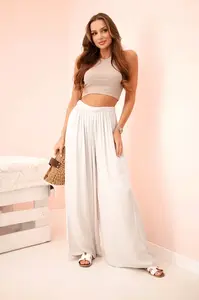 Kesi Włoski Široké dámské kalhoty s elastickým pasem béžový