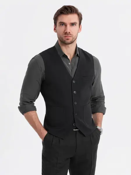Ombre Fitted structured men's vest with patch pockets - black