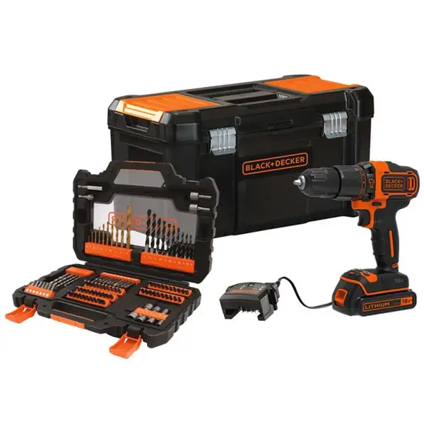 BLACK+DECKER Nářadí - 18V AKU vrtačka s příklepem a příslušenstvím, 1x aku 1,5 Ah Li-Ion, nabíječka BDCHD18S1KA-QW