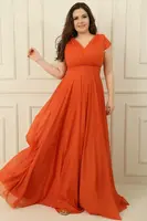 By Saygı Double Breasted Neck Lined Nail Sleeve Full Circle Flared Chiffon Tulle Plus Size Long Dress