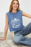 Trendyol Indigo 100% Cotton Printed Sleeveless Relaxed/Comfortable Crop Crew Neck Knitted T-Shirt