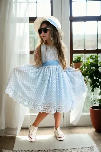 N8712 Dewberry Princess Model Girls Dress with Hat & Lace-BLUE