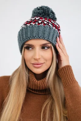 Kesi Dámská čepice Ellen s bambulí K325 tmavě šedá+červená