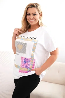 Kesi Włoski Dámská bavlněná halenka Plus Size se zlatým nápisem bílá + modrá