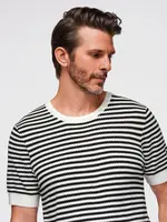 Ombre Men's knitted t-shirt with navy stripes and openwork weave - black and white