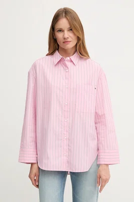 Bavlněná košile Tommy Hilfiger dámská, růžová barva, relaxed, s klasickým límcem, WW0WW45892