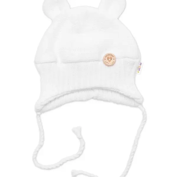 Baby Nellys Pletená čepice s oušky na zavazování Made with Love, bílá, vel. 80/86