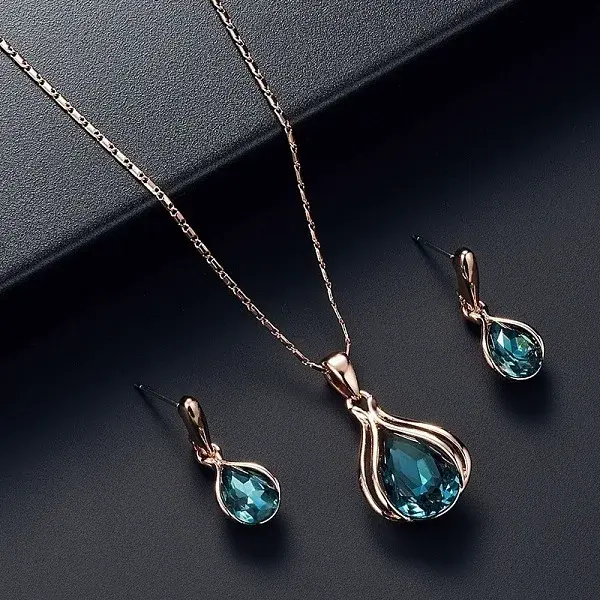 Teardrop Alloy Glass Pendant Necklaces & Stud Dangle Earrings Sets for Women