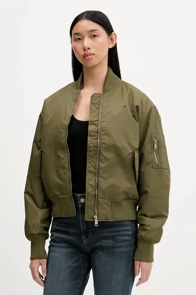Bomber bunda Tommy Jeans zelená barva, přechodná, oversize, DW0DW22046